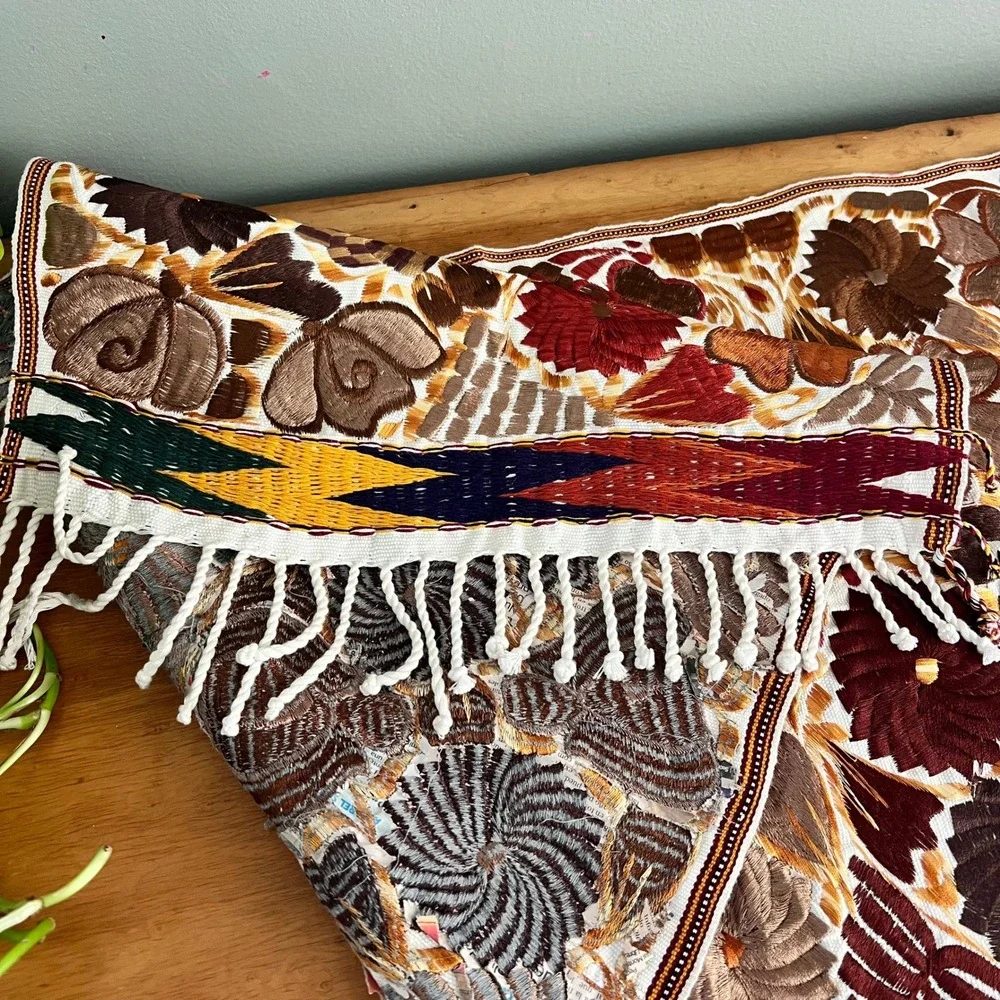Vintage Mexican Folk Art Embroidered Table Runner Floral Earth Tones 49x18